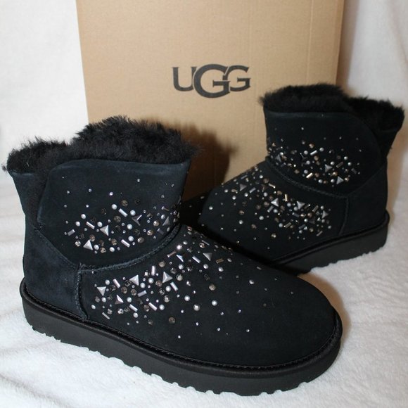 UGG MINI GALAXY BLING CRYSTAL SUEDE BOOTS BLACK‎